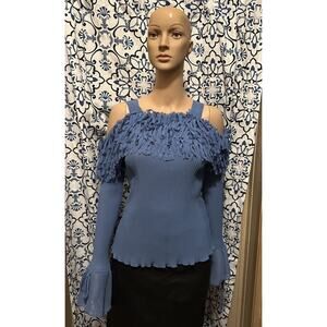 Kaelyn Max Women Blue Top Pleated Shred Fringe Off Shoulder Bell Sleeve Sz Large